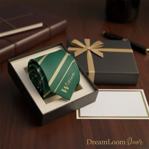 Custom Name Monogram Initial Green and Gold Stripe Neck Tie