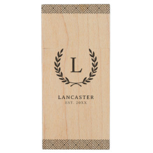 Custom Name Monogram Initials Greek Key Wedding Wood Flash Drive