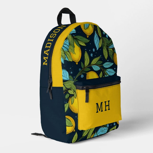 Custom Name & Monogram Lemon Pattern Printed Backpack (Back Corner Left)