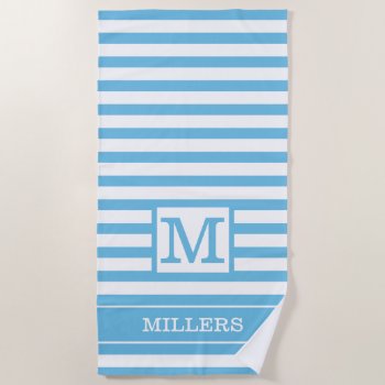 Custom Name Monogram Light Blue And White Striped  Beach Towel by InitialsMonogram at Zazzle