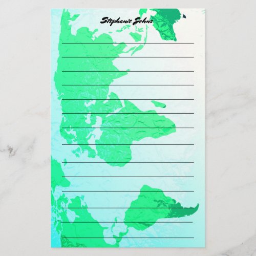 Custom Name Monogram Lined World Map Green Blue Stationery