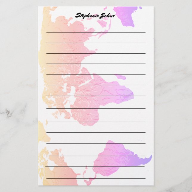 Custom Name Monogram Lined World Map Pink Artsy Stationery (Front)