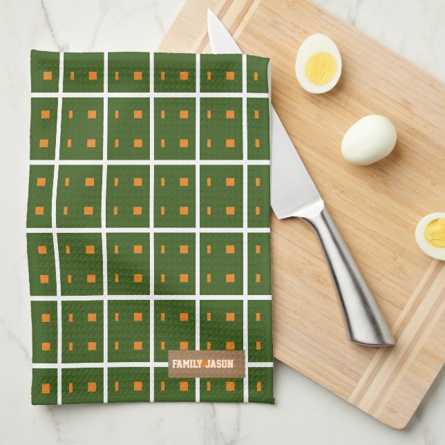 Custom name monogram modern pattern green orange   kitchen towel (Quarter Fold)