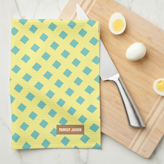 Custom name monogram modern pattern yellow blue kitchen towel (Quarter Fold)