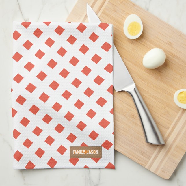 Custom name monogram modern red white diamonds kitchen towel (Quarter Fold)