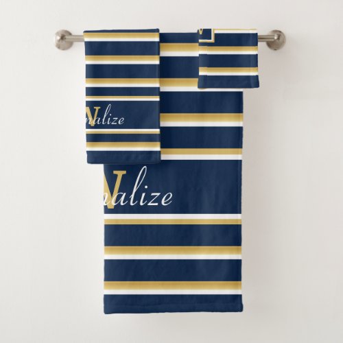 Custom Name Monogram Navy Blue Gold White Stripes  Bath Towel Set