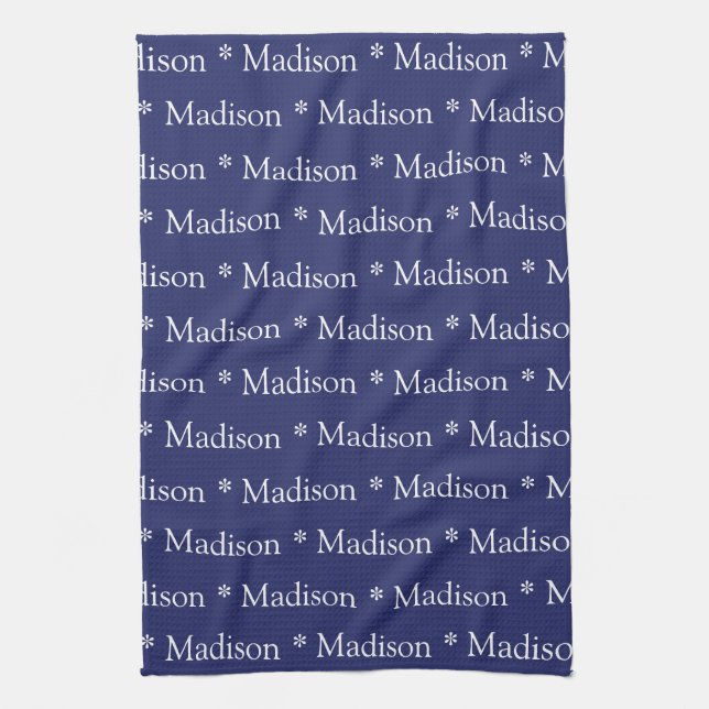 Custom name monogram navy blue white pattern kitchen towel (Vertical)
