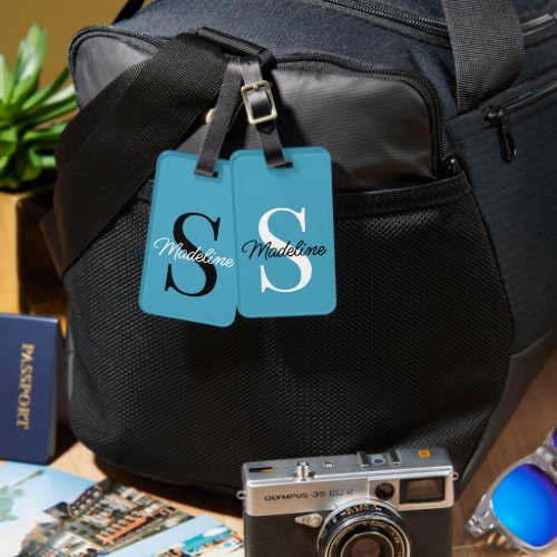 Custom Name Monogram on Pretty Teal Blue Luggage Tag