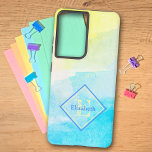 Custom Name Monogram Pastel Cotton Candy Colors Samsung Galaxy S21 Ultra Case<br><div class="desc">This design features yellow and blue cotton candy color pastel watercolor with a blue and yellow diamond framed name and initial letter monogram. Fill in the personalize text fields with a name and initial, remove on or the other or edit using the design too to select a font style, size...</div>
