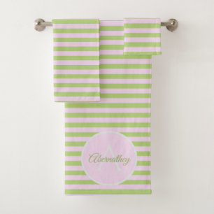 Custom Name Monogram Pastel Pink Green Striped Bath Towel Set