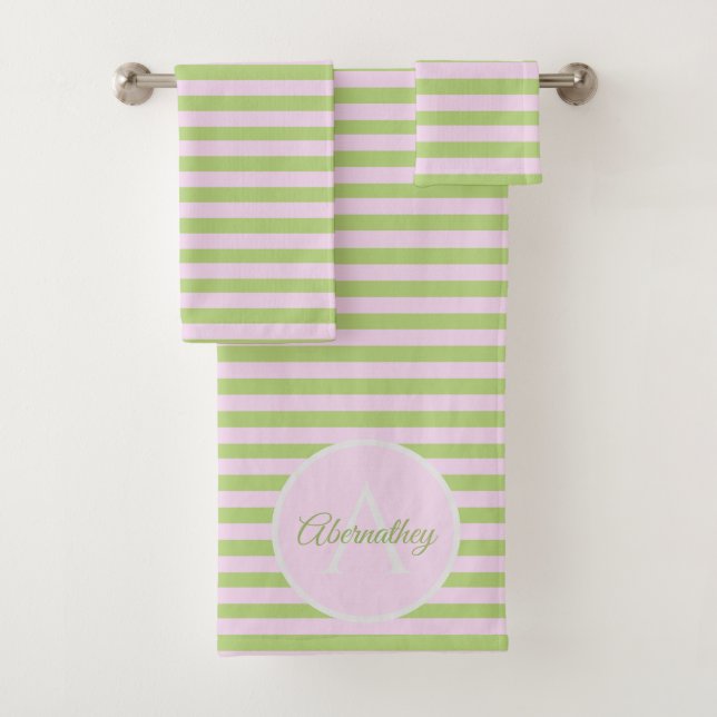 Custom Name Monogram Pastel Pink Green Striped Bath Towel Set (Insitu)