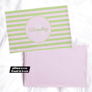 Custom Name Monogram Pastel Pink Green Striped Pillow Case