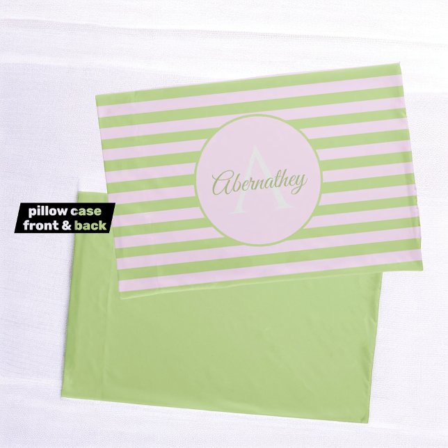 Custom Name Monogram Pastel Pink Green Striped Pillow Case (monogram and name template pillowcase)