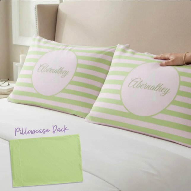 Custom Name Monogram Pastel Pink Green Striped Pillow Case (monogram and name template pillowcase front and matching solid green back)