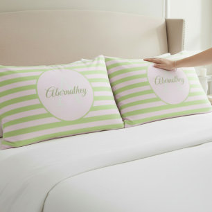 Custom Name Monogram Pastel Pink Green Striped Pillow Case