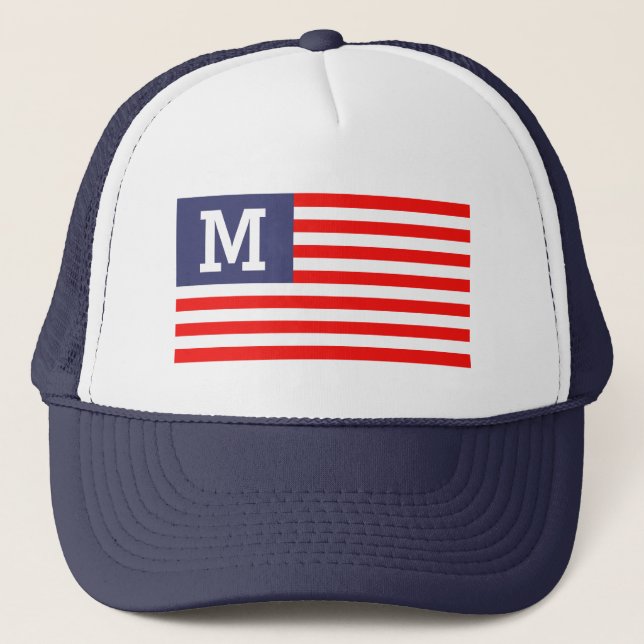 Custom name monogram patriotic American flag Trucker Hat (Front)