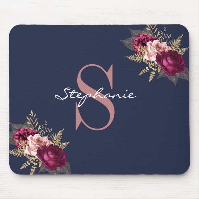 Custom Name Monogram Pink Burgundy Gold Floral Mouse Pad (Front)