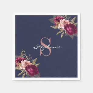 Custom Name Monogram Pink Burgundy Gold Floral Napkins