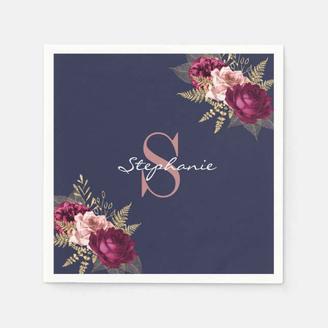 Custom Name Monogram Pink Burgundy Gold Floral Napkins (Front)
