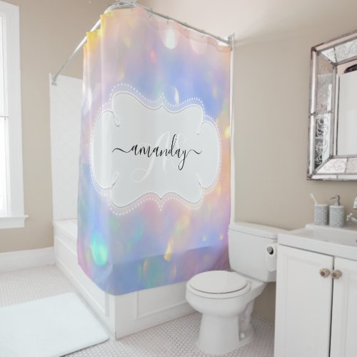 Custom Name Monogram Pink Holographic Girly Shower Curtain