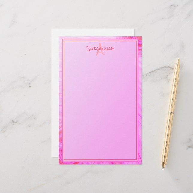 Custom Name Monogram  Pink Texture Border Stationery (Front/Back In Situ)