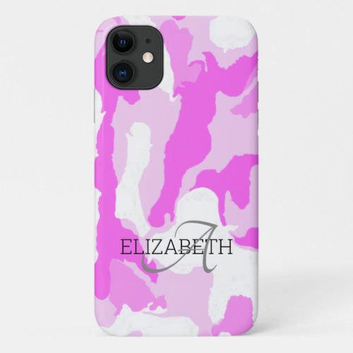 Custom Name Monogram Pink White Camouflage Pattern iPhone 11 Case