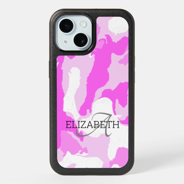 Custom Name Monogram Pink White Camouflage Pattern iPhone 15 Case (Back)