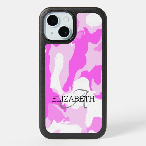 Custom Name Monogram Pink White Camouflage Pattern iPhone 15 Case