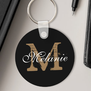 Custom Name Monogram Pretty Classy Script Black Keychain