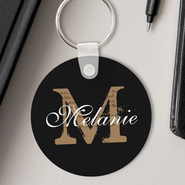 Custom Name Monogram Pretty Classy Script Black Keychain (Creator Uploaded)