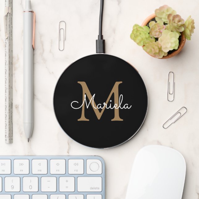 Custom Name Monogram Pretty Handwritten Black Wireless Charger (Desk)