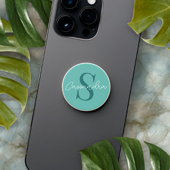 Custom Name Monogram Pretty Light Teal Green Popsocket by All_In_Cute_Fun at Zazzle