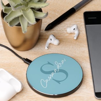 Custom Name Monogram Pretty Winter Chill Blue Wireless Charger by CaseConceptCreations at Zazzle