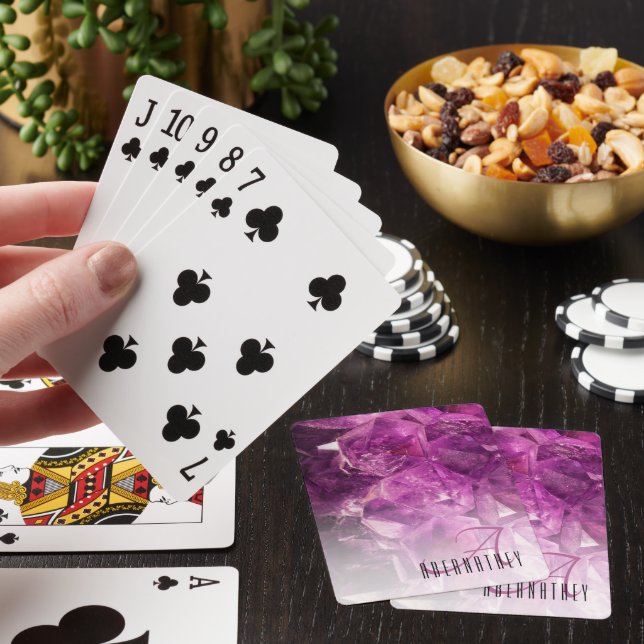 Custom Name Monogram Purple Ombre Crystals Poker Cards (In Situ)