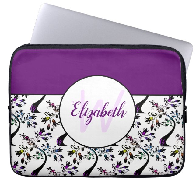 Custom Name Monogram Rainbow Floral Tree Pattern Laptop Sleeve (Front)