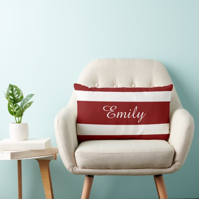 Custom Name Monogram Red And White Stripes Pattern Lumbar Pillow (Chair)