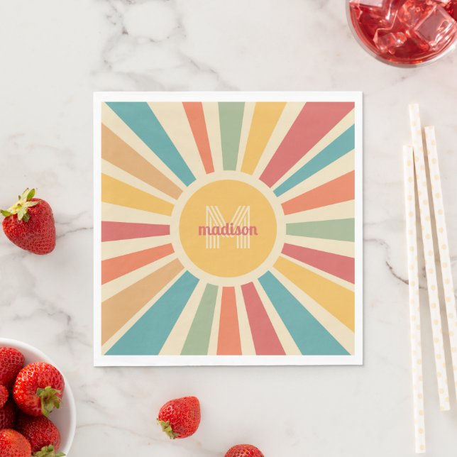 Custom Name & Monogram Retro Stripes Napkins (Insitu)