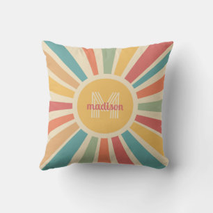 Custom Name & Monogram Retro Stripes Outdoor Pillow