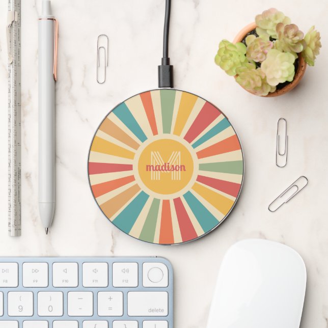Custom Name & Monogram Retro Stripes Wireless Charger (Desk)