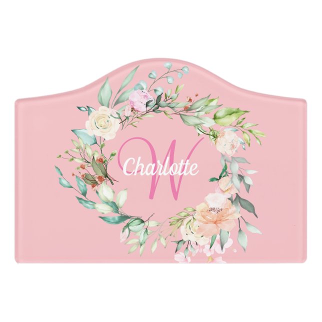 Custom Name Monogram Roses Floral Pink Door Sign (Small Crest Front)