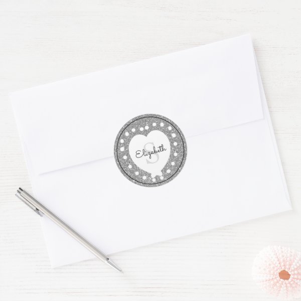 Custom Name Monogram Silver Glitter White Heart