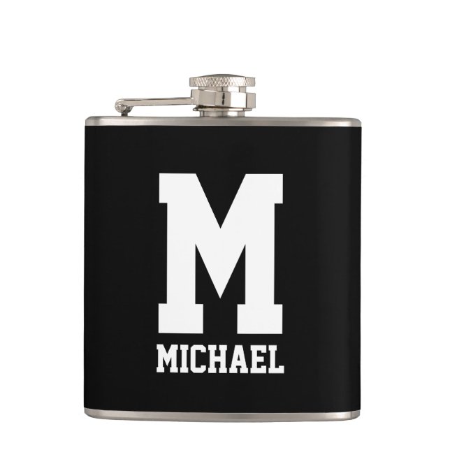 Custom name monogram small black and white flask (Front)