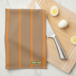 Custom name monogram stripes brown orange stylish kitchen towel
