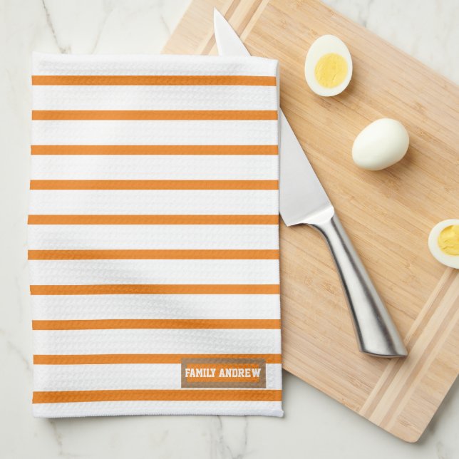 Custom name monogram  stripes pattern white orange kitchen towel (Quarter Fold)