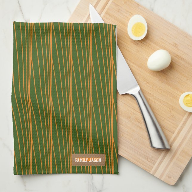 Custom name monogram stripes waves green orange  kitchen towel (Quarter Fold)
