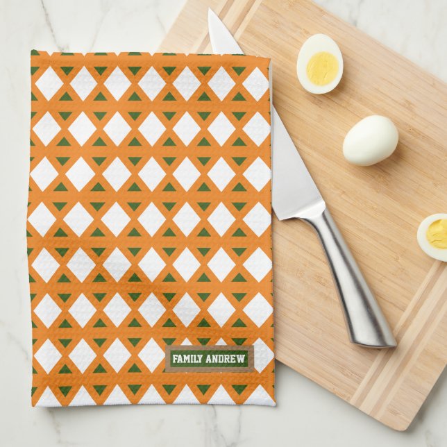 Custom name monogram stylish pattern orange green  kitchen towel (Quarter Fold)