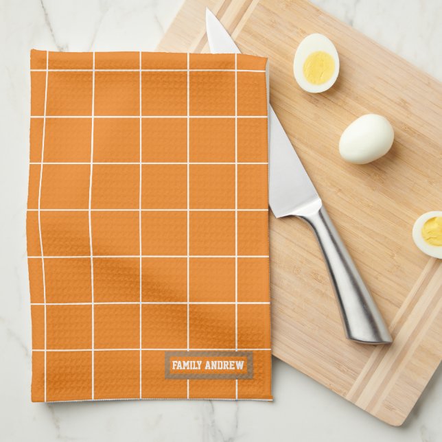 Custom name monogram stylish pattern orange white kitchen towel (Quarter Fold)