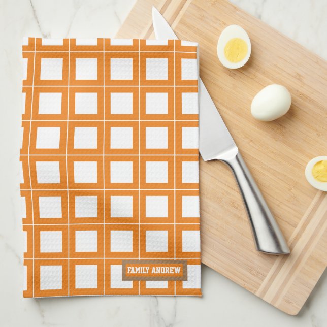 Custom name monogram stylish pattern white orange  kitchen towel (Quarter Fold)