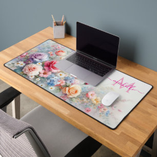 Custom Name Monogram Stylish Watercolor Floral Desk Mat