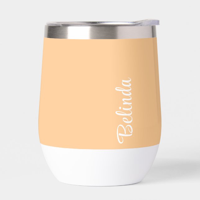 Custom name monogram, sweet peach  thermal wine tumbler (Left)